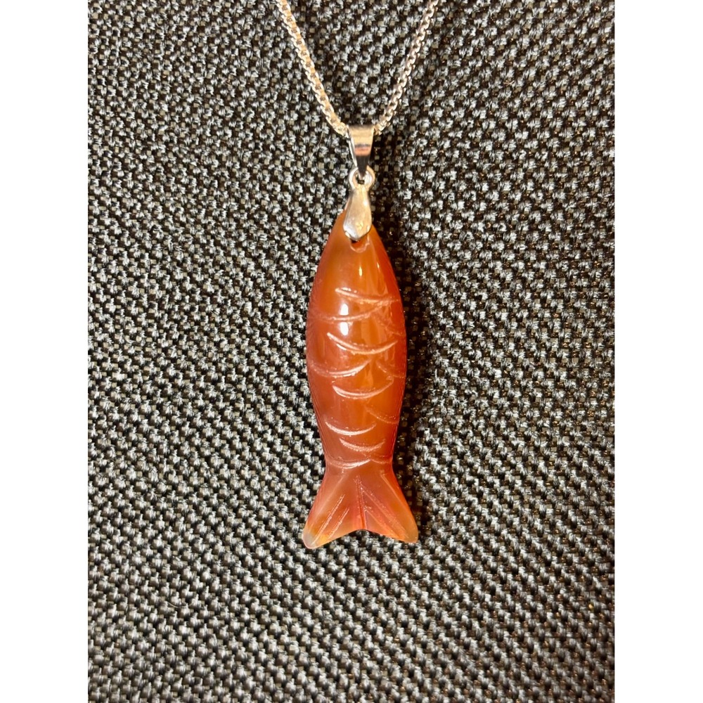 Hand Carved Carnelian Agate Fish Pendant Necklace Stainless Steel Chain